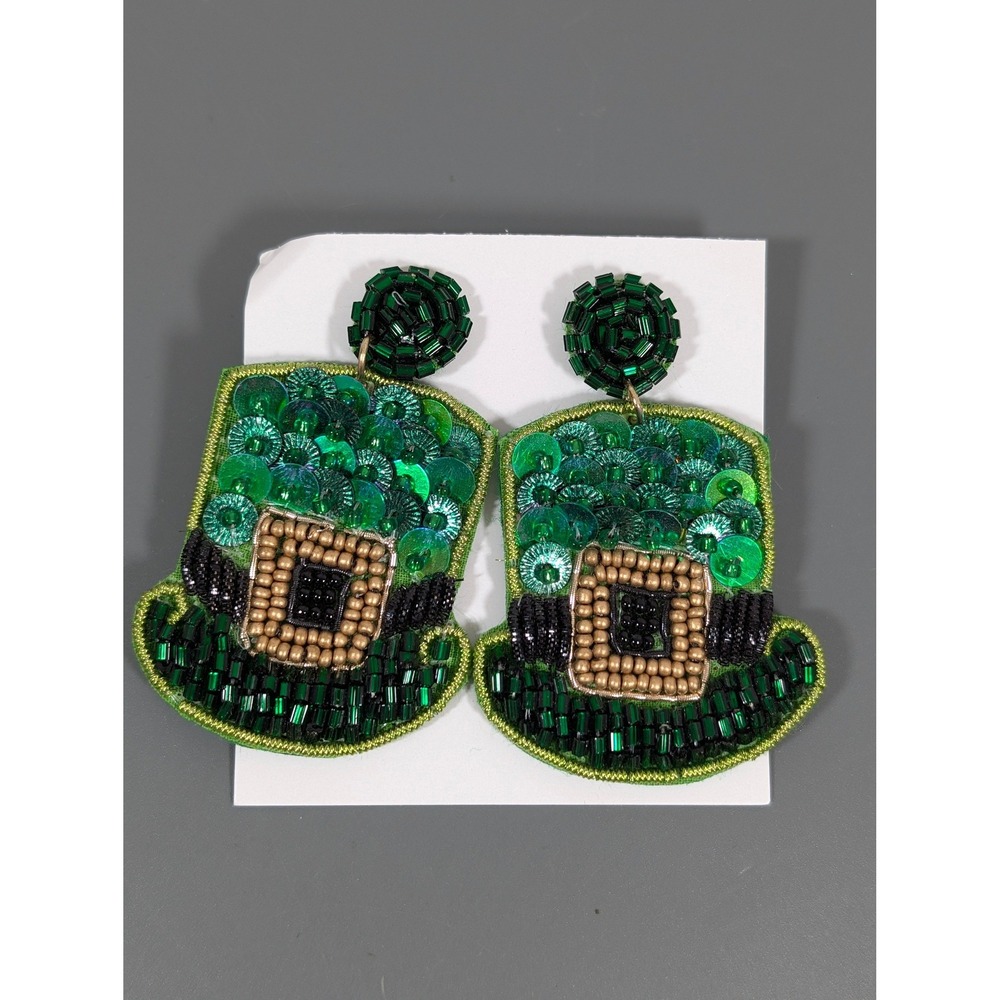 St Patrick's Day Leprechaun Hat Beaded Sequin Statement Earrings Green NWT